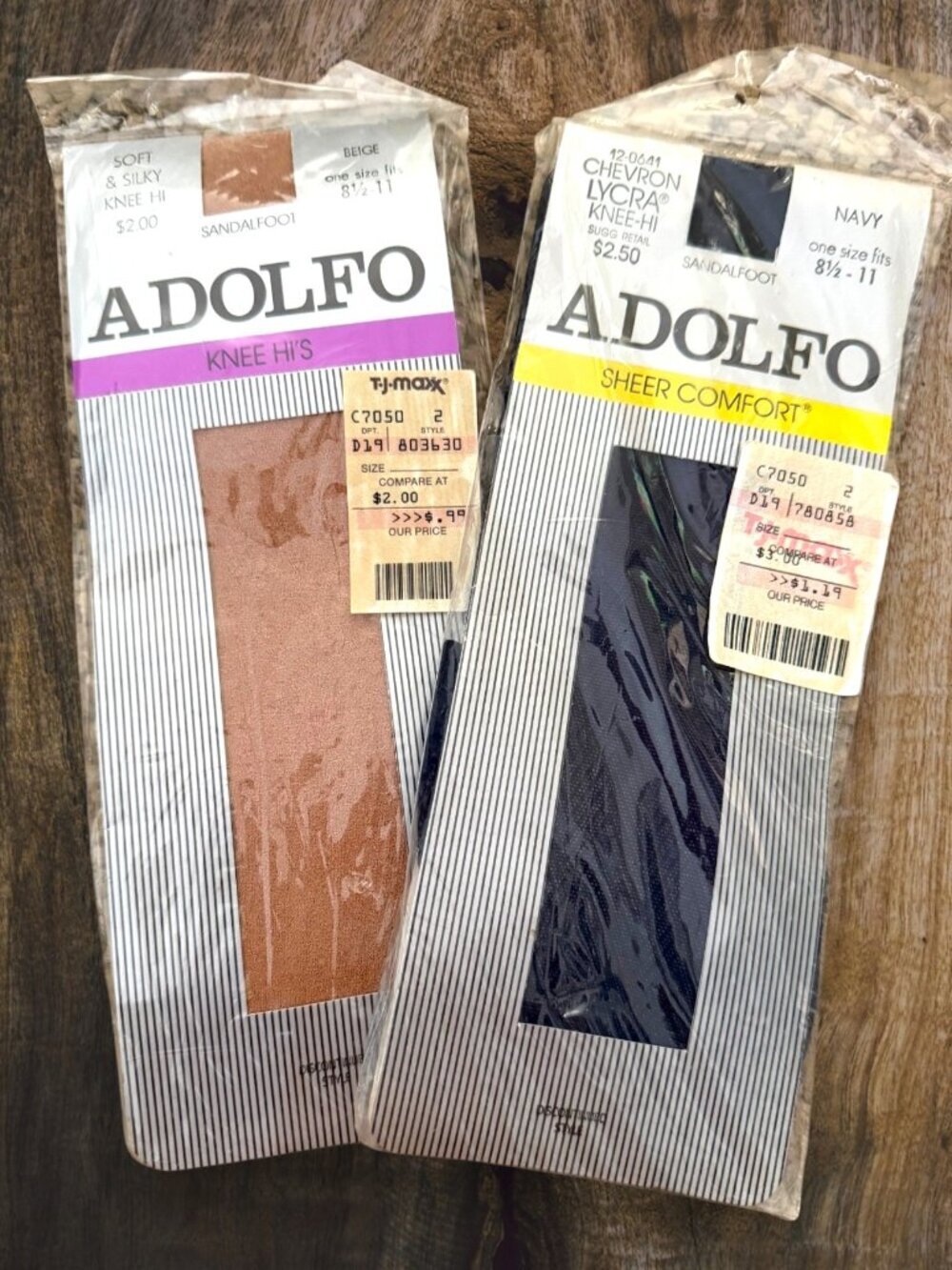 Vintage Adolfo Knee High Hosiery Lot 2 NOS Beige Navy Sandalfoot USA Lycra